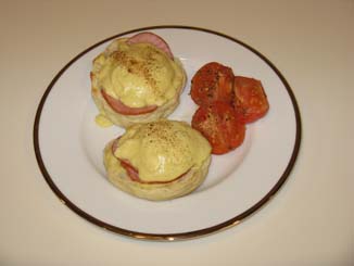 photograph of completed eggs benedict on a plate